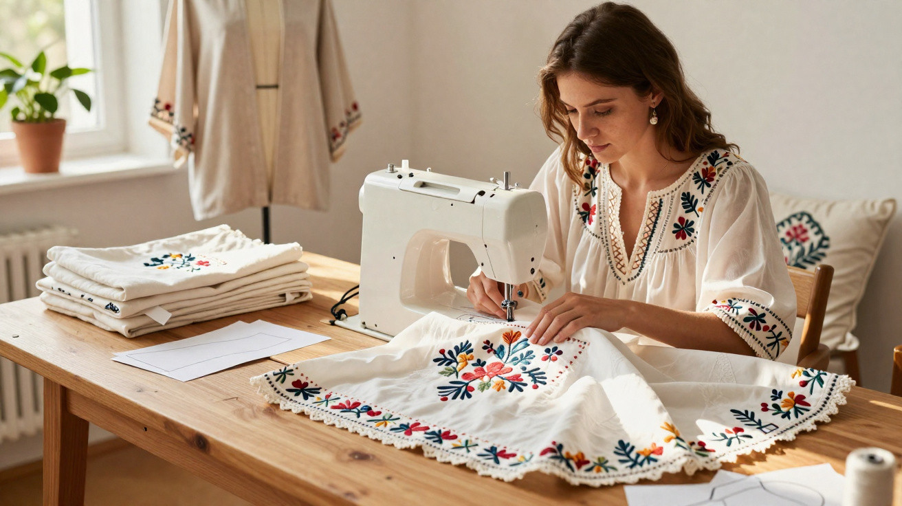 Mulher bordando com máquina roupas brancas com desenhos florais coloridos em mesa de madeira.