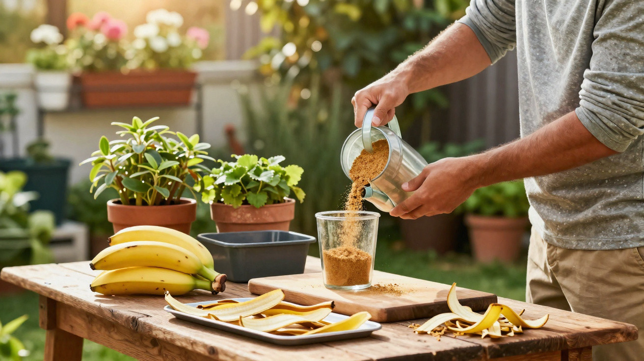 Pessoa derramando açúcar mascavo em copo, com banana e plantas em vaso sobre mesa de madeira ao ar livre.