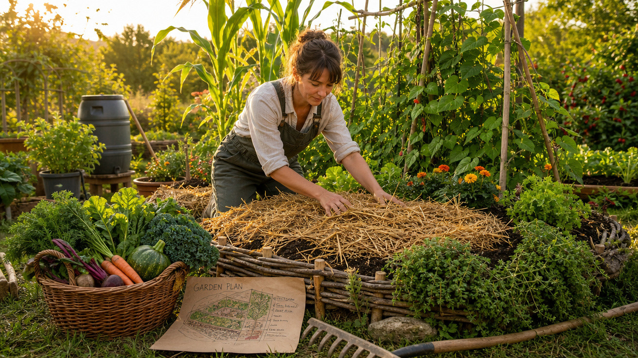 Mulher cuidando de horta orgânica com cesta de vegetais frescos e plano de plantio ao entardecer.