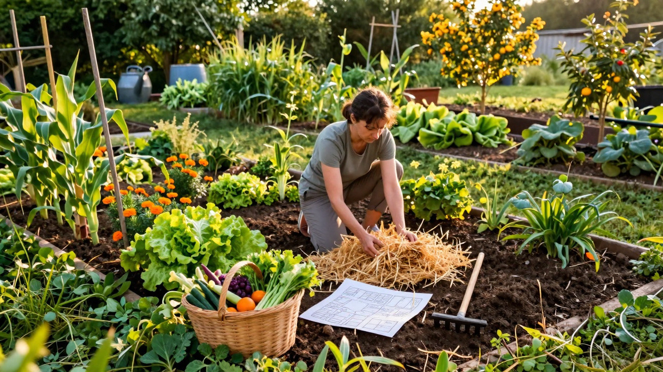 Mulher cuidando de horta urbana com legumes, verduras e cesta cheia de frutas e vegetais.