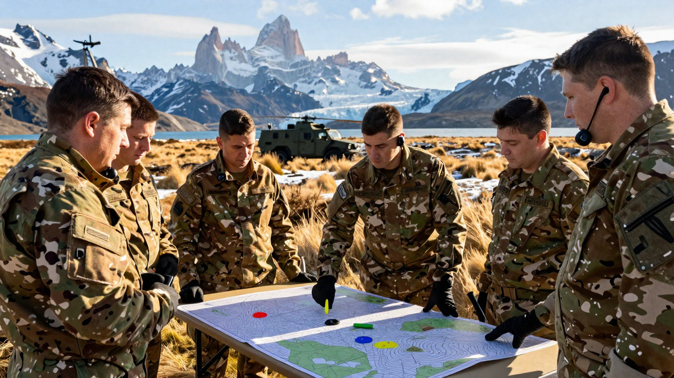 Seis militares em uniforme camuflado discutem estratégia em mapa sobre mesa ao ar livre, com montanhas ao fundo.