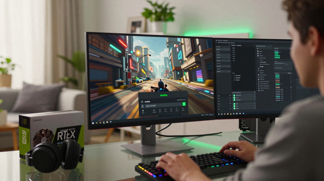 Pessoa jogando videogame em computador com dois monitores e placa de vídeo Nvidia GeForce RTX na mesa.