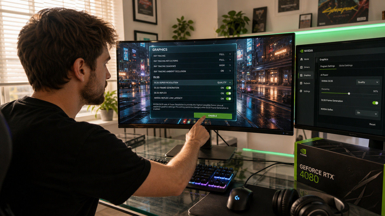 Homem ajusta configurações gráficas em monitor ultrawide enquanto usa computador com placa GeForce RTX 4080.