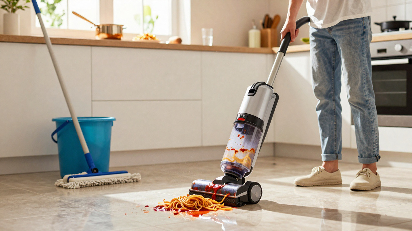 Pessoa aspirando macarrão e molho derramados no piso da cozinha com aspirador vertical moderno.