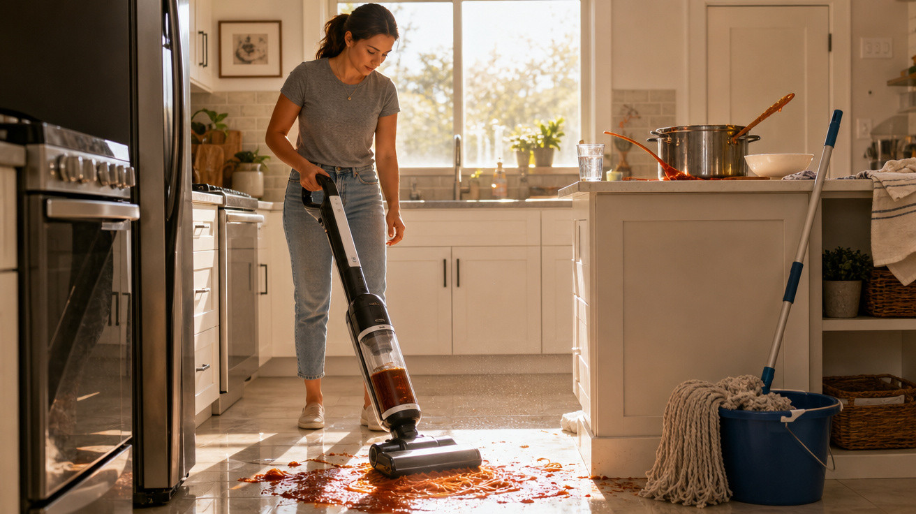 Mulher limpando sujeira de molho derramado no chão da cozinha com aspirador vertical.