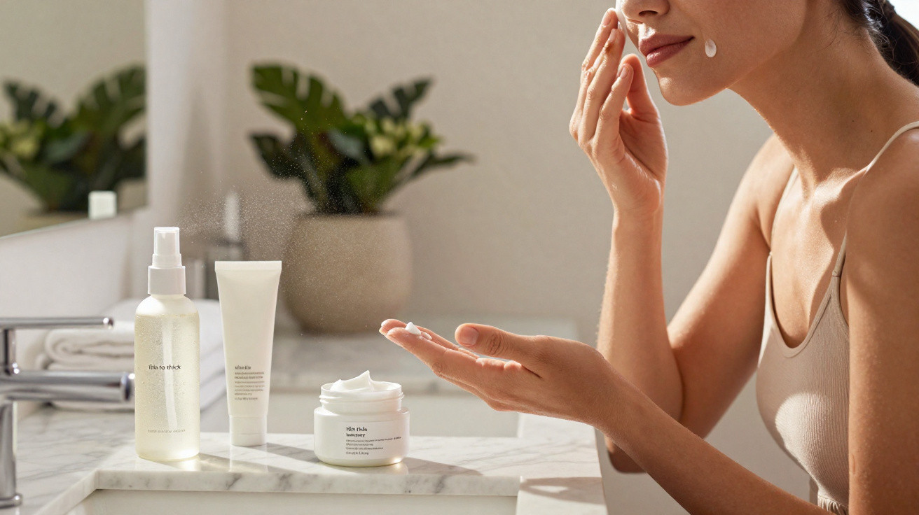 Mulher aplicando creme facial em ambiente interno com produtos de cuidados sobre bancada de mármore.