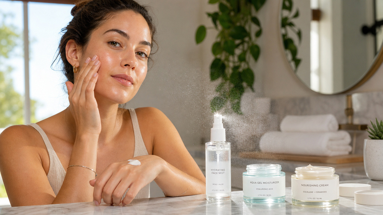 Mulher aplicando creme no rosto com produtos de cuidados faciais sobre bancada em banheiro iluminado.