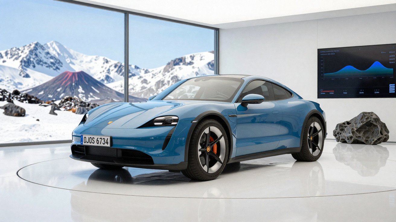 Carro esportivo azul exibido em salão moderno com janela grande mostrando montanhas cobertas de neve ao fundo.