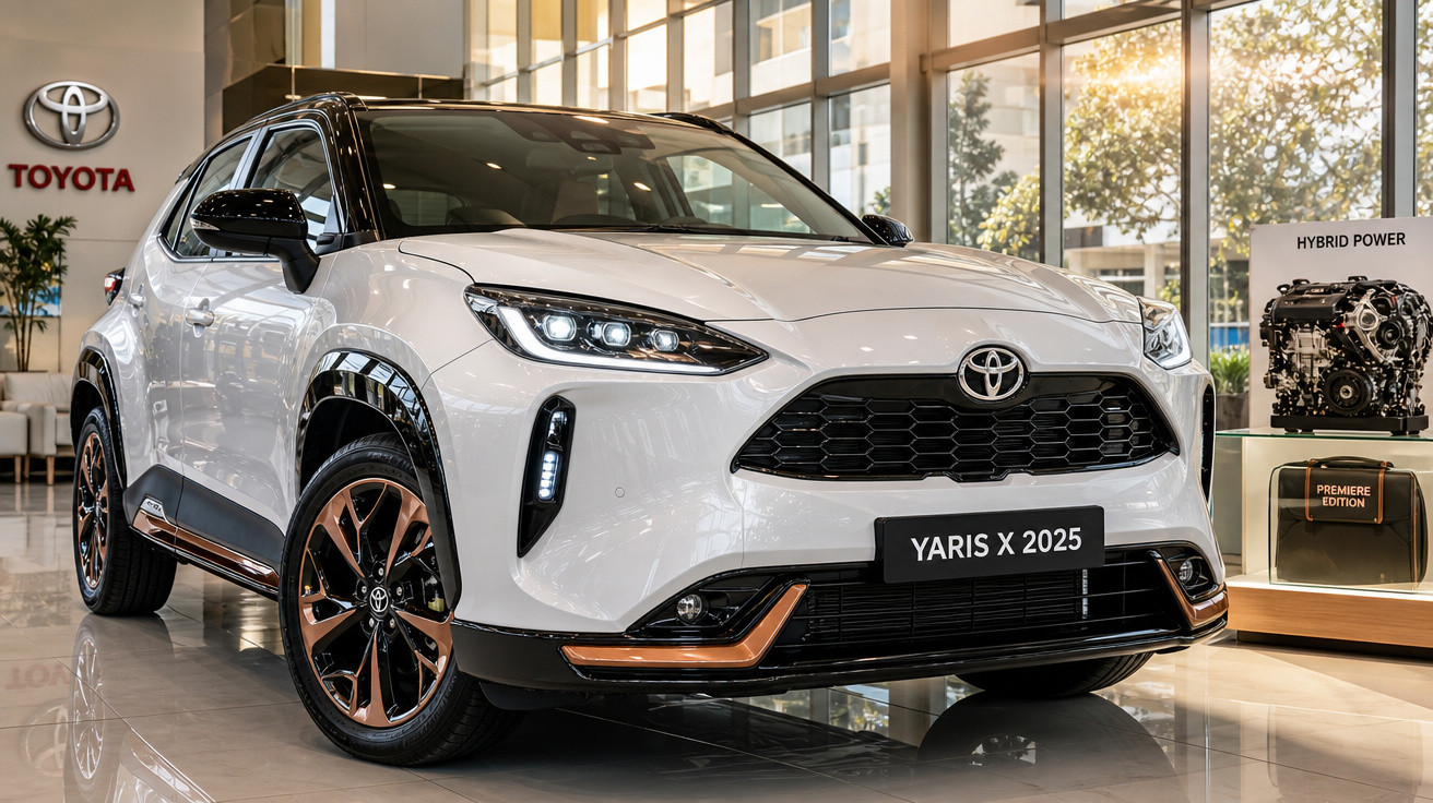 Carro Toyota Yaris X 2025 branco exibido em showroom com logo da marca ao fundo.