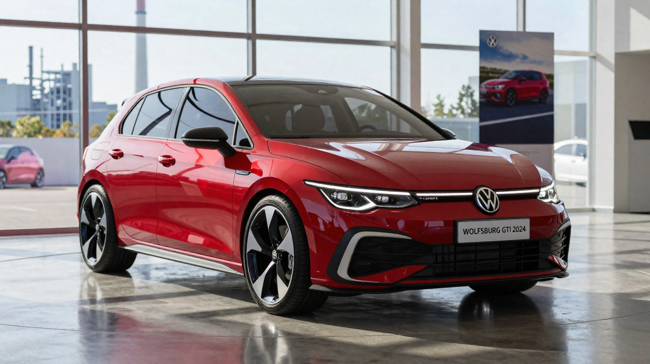 Carro Volkswagen vermelho modelo Wolfsburg GTI 2024 em showroom com chão refletivo e vitrine de vidro.