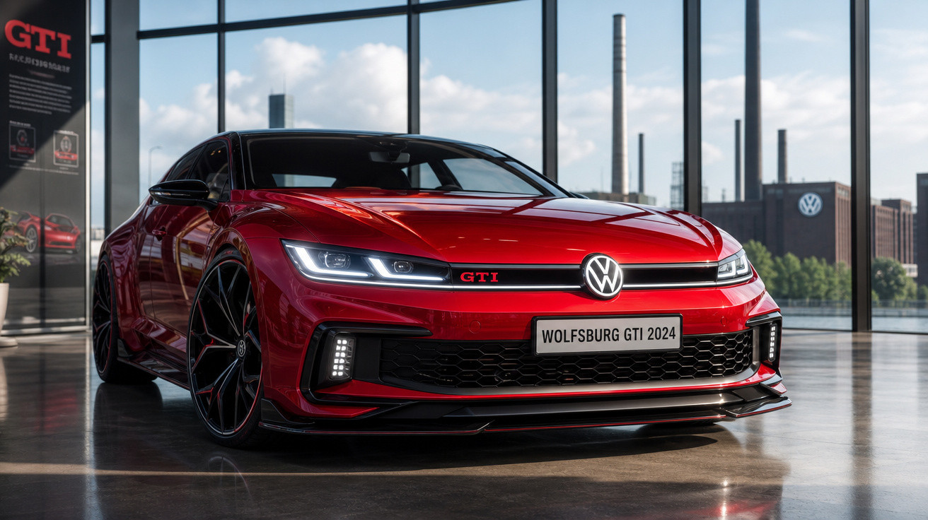 Carro esportivo vermelho Volkswagen Wolfsburg GTI 2024 em showroom com vidro e chaminés ao fundo.