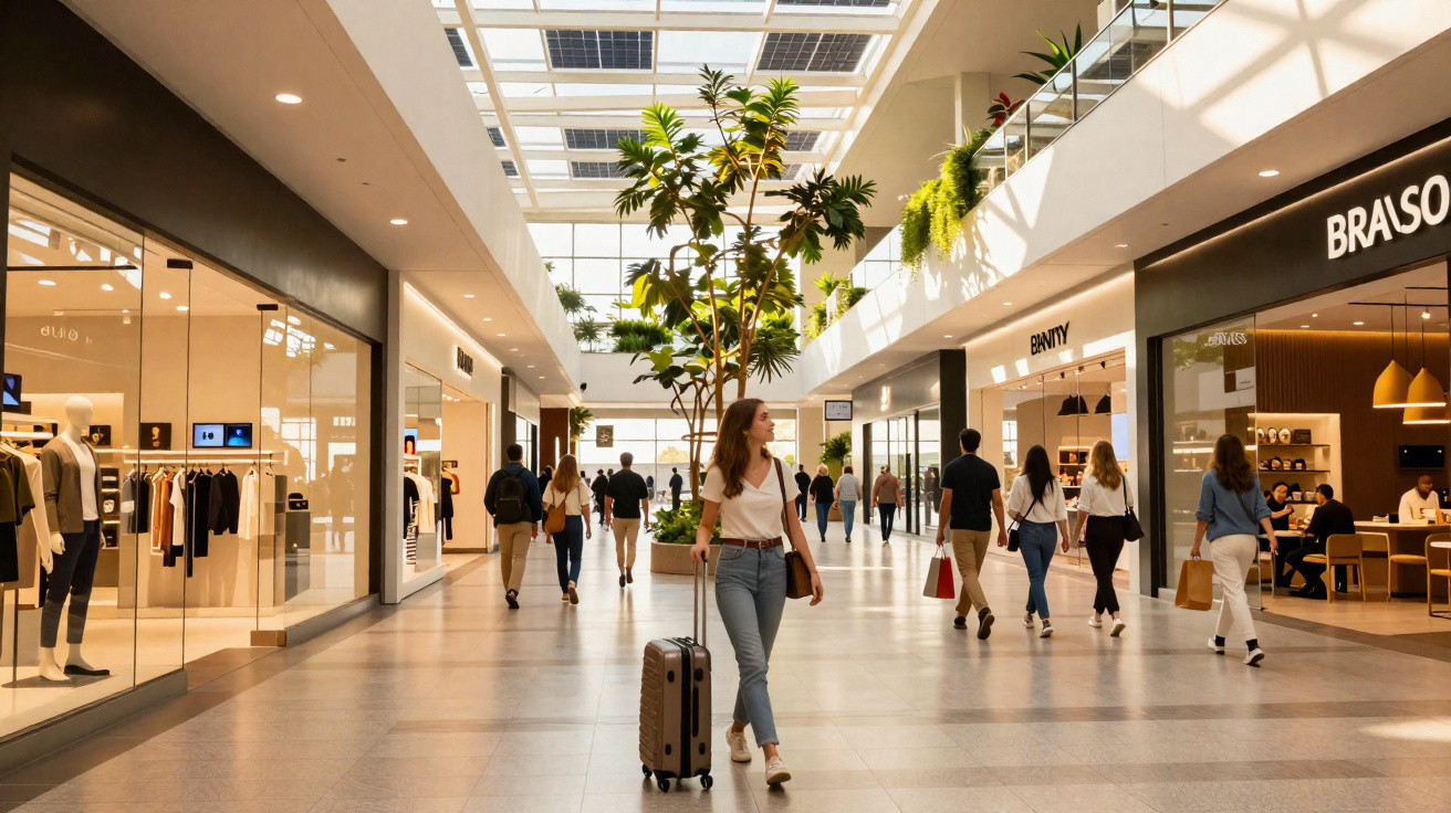 Mulher caminhando com mala em shopping moderno e iluminado, com lojas e pessoas ao redor.