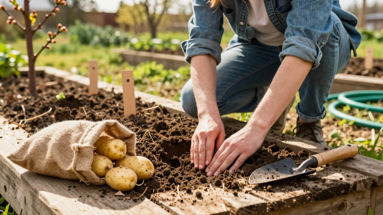 Pessoa plantando batatas em canteiro de madeira ao ar livre com pá e saco de batatas ao lado.