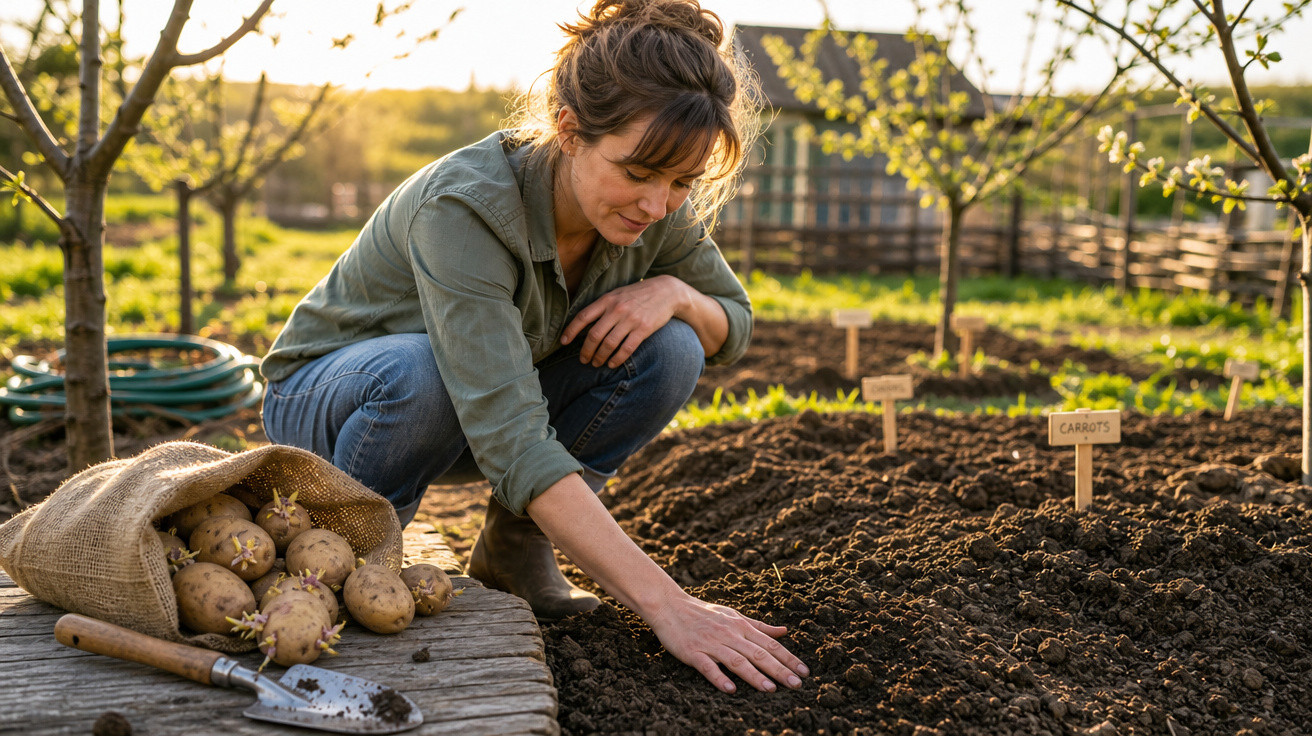 Mulher agachada preparando a terra para plantio em horta, com batatas ao lado em saco de juta.