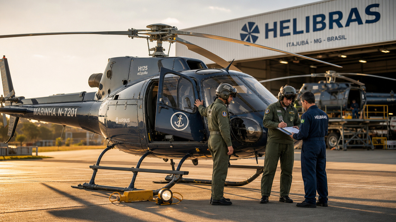 Helicóptero da Marinha estacionado em pátio da Helibras com três militares em conversa próximo ao aparelho.