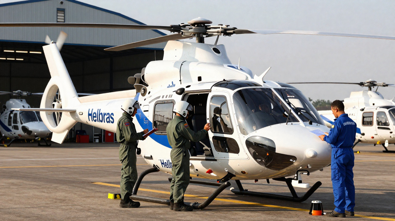 Helicóptero branco e azul da Helibras estacionado com três homens em uniforme realizando inspeção.