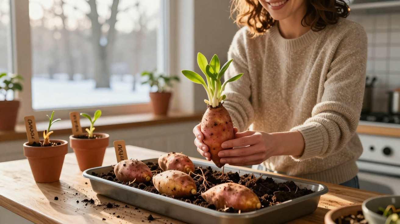 Pessoa transplantando batata-doce com brotos para uma bandeja com terra em uma cozinha iluminada.