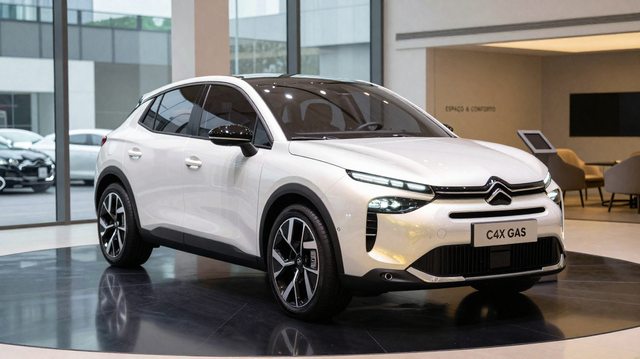 Carro Citroën C4X GAS branco em exposição dentro de showroom moderno com piso brilhante.