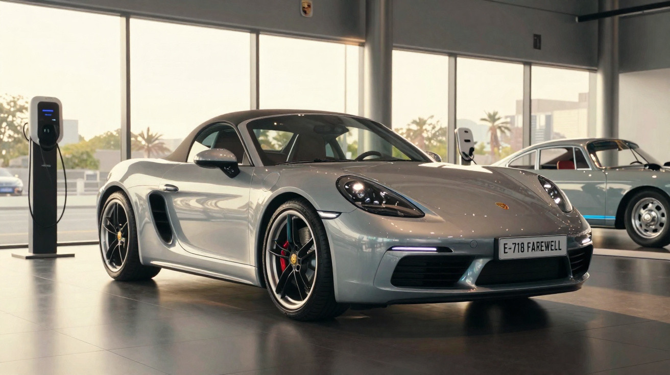 Carro esportivo prata Porsche 718 estacionado em showroom com iluminação natural e carros ao fundo.