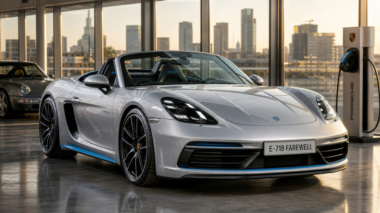 Carro esportivo conversível prata Porsche em showroom com prédio urbano ao fundo ao pôr do sol.