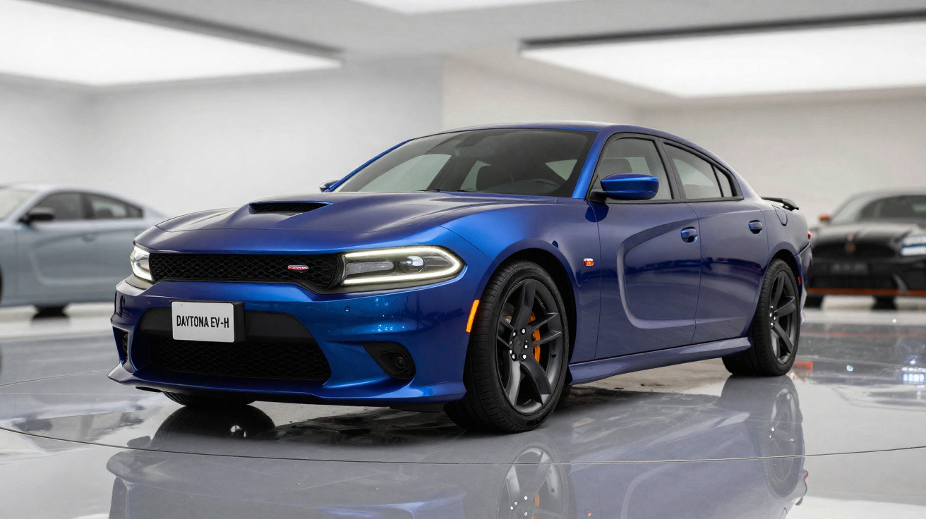 Carro esportivo sedã azul escuro Dodge Daytona EV-H em exposição em ambiente interno moderno.