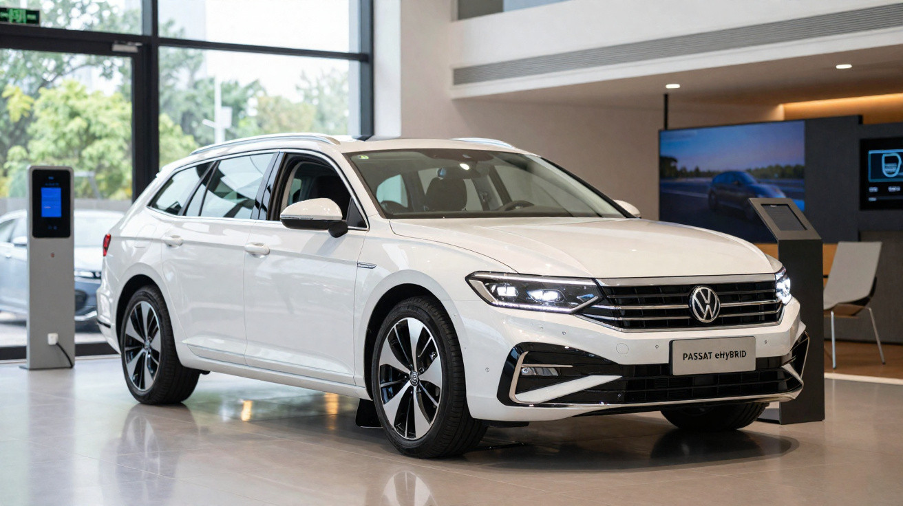 Carro branco Volkswagen Passat eHybrid estacionado em ambiente interno iluminado, próximo a ponto de recarga.