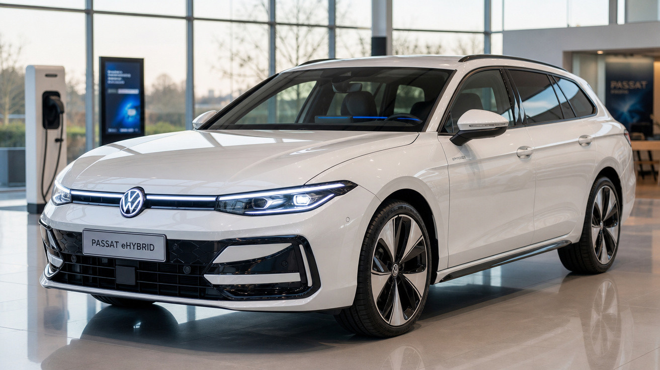 Carro Volkswagen Passat eHybrid branco exibido em showroom moderno com piso refletivo e estação de carregamento.