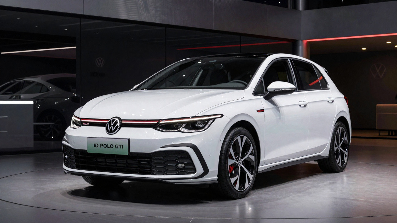 Carro branco Volkswagen ID Polo GTI estacionado em ambiente interno moderno e iluminado.