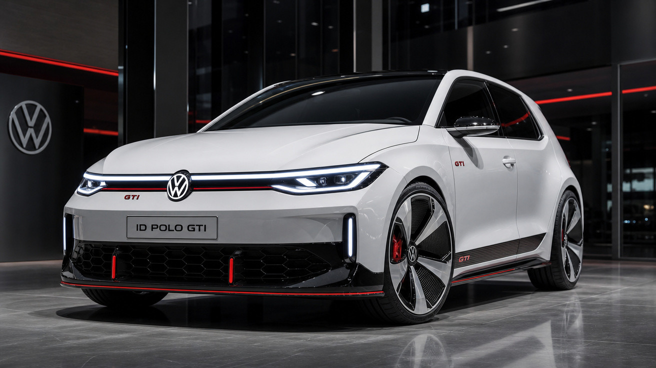 Carro VW ID Polo GTI branco com detalhes vermelhos em ambiente interno moderno e iluminação refletida.