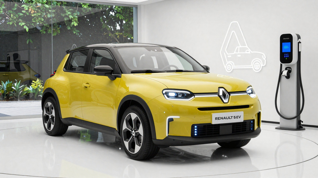 Carro elétrico Renault 5 EV amarelo estacionado ao lado de estação de recarga em ambiente interno moderno.