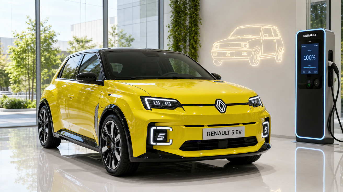 Carro elétrico Renault 5 EV amarelo em showroom moderno com estação de carregamento elétrica ao lado.