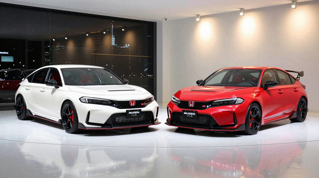 Dois carros Honda Mugen FL5, um branco e um vermelho, exibidos em ambiente interno iluminado.
