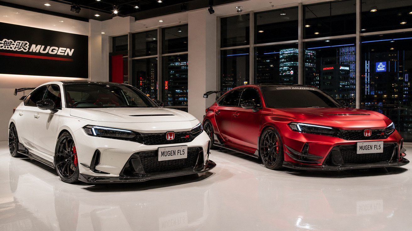 Dois carros Honda Mugen FL5, um branco e outro vermelho, em salão com vista noturna da cidade.