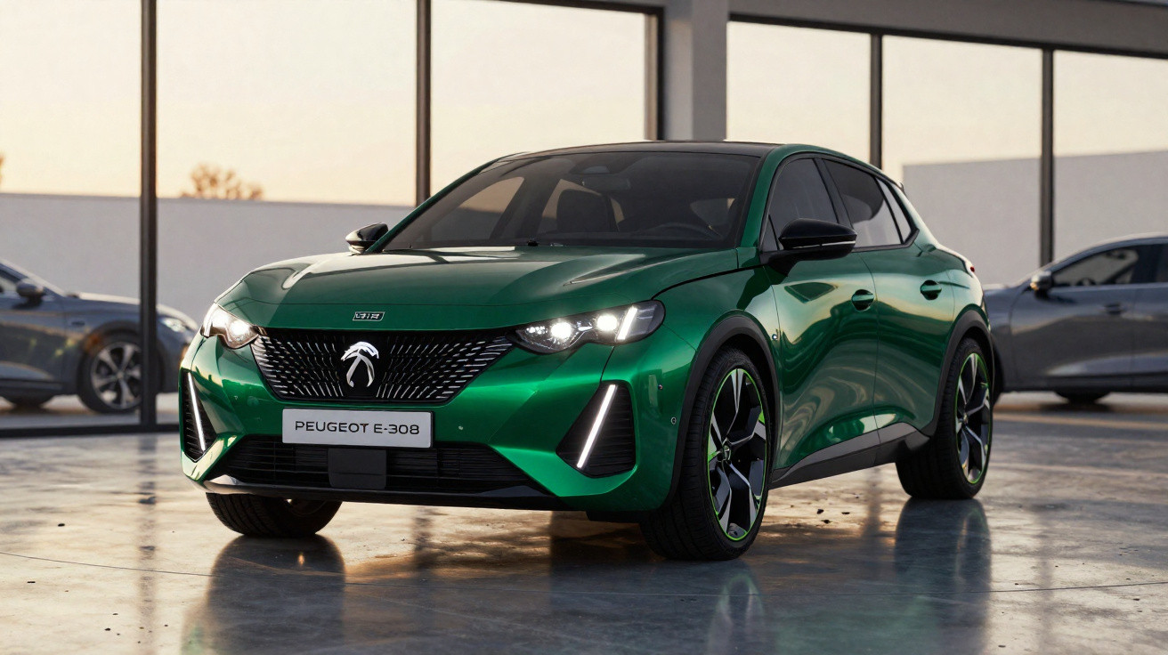 Carro esportivo verde Peugeot E-308 estacionado em ambiente interno com iluminação natural.