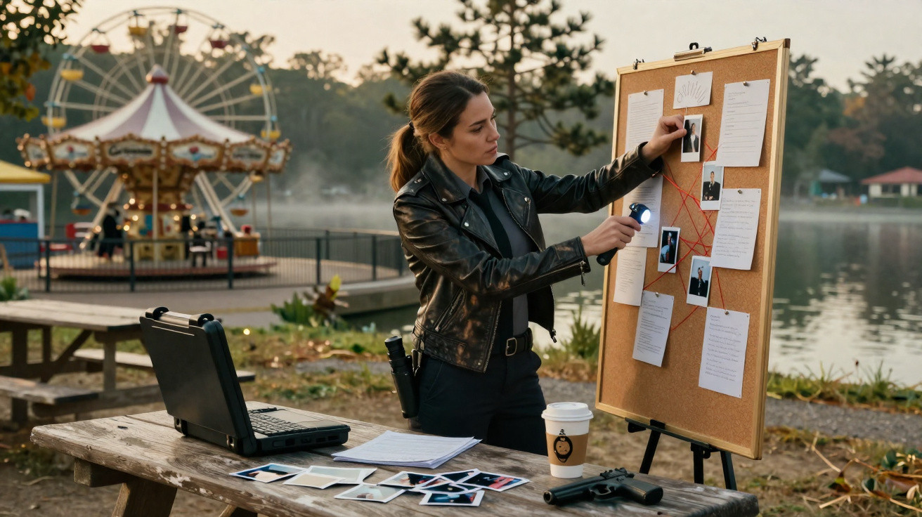 Mulher investigadora analisa quadro com fotos e documentos em parque próximo a lago e parque de diversões.