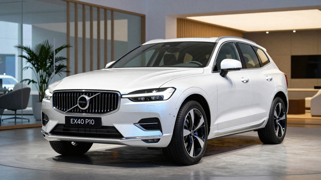 Carro SUV Volvo branco modelo EX40 P10 estacionado em ambiente interno moderno e iluminado.
