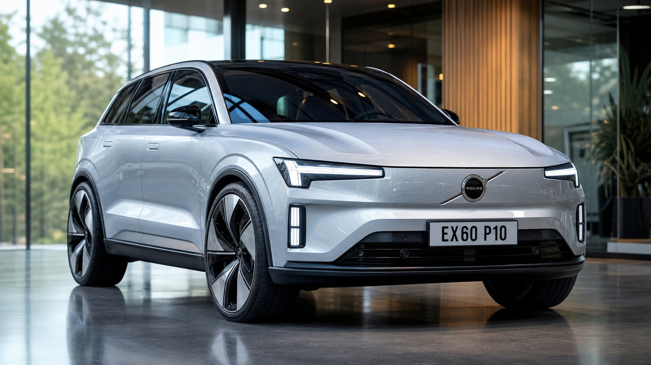 Carro elétrico Volvo branco estacionado em ambiente interno moderno com paredes de vidro.