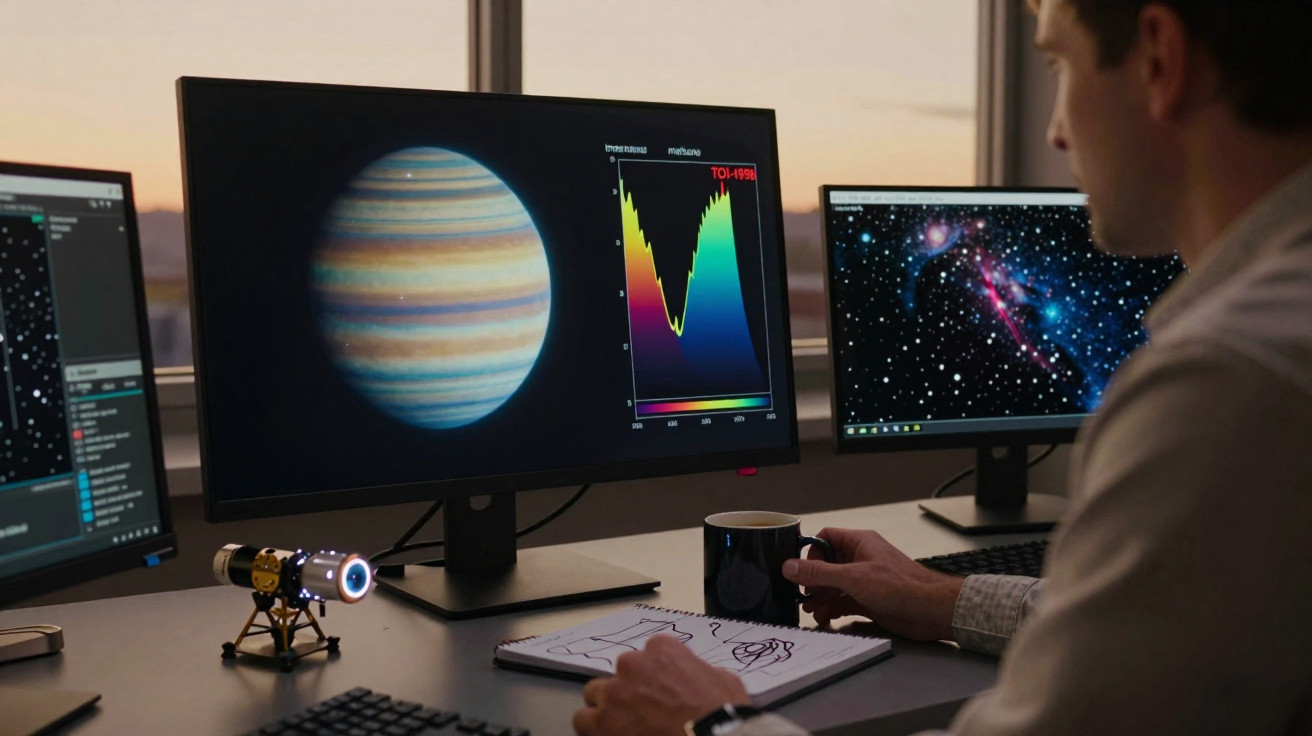 Pessoa analisando dados de planetas e imagens espaciais em múltiplos monitores na mesa de trabalho.