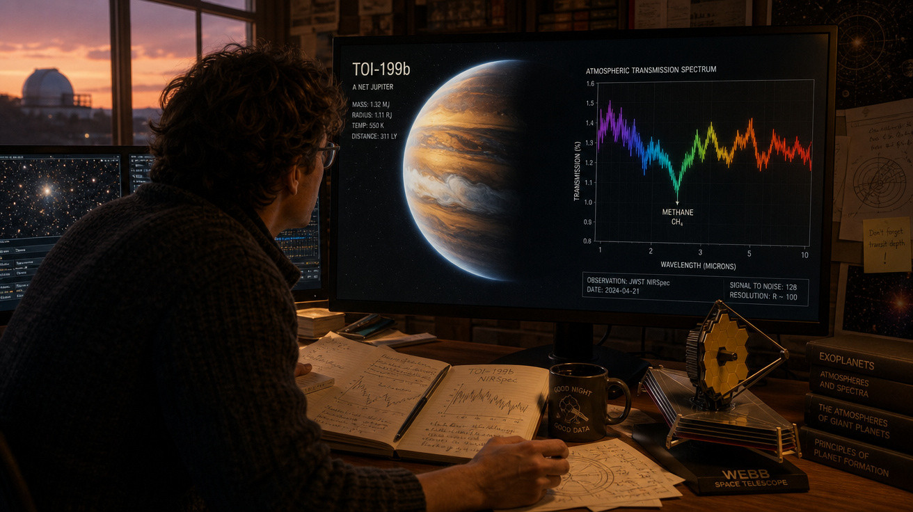 Pessoa analisando dados astronômicos e imagem do exoplaneta TOI-199b em uma tela de computador à noite.
