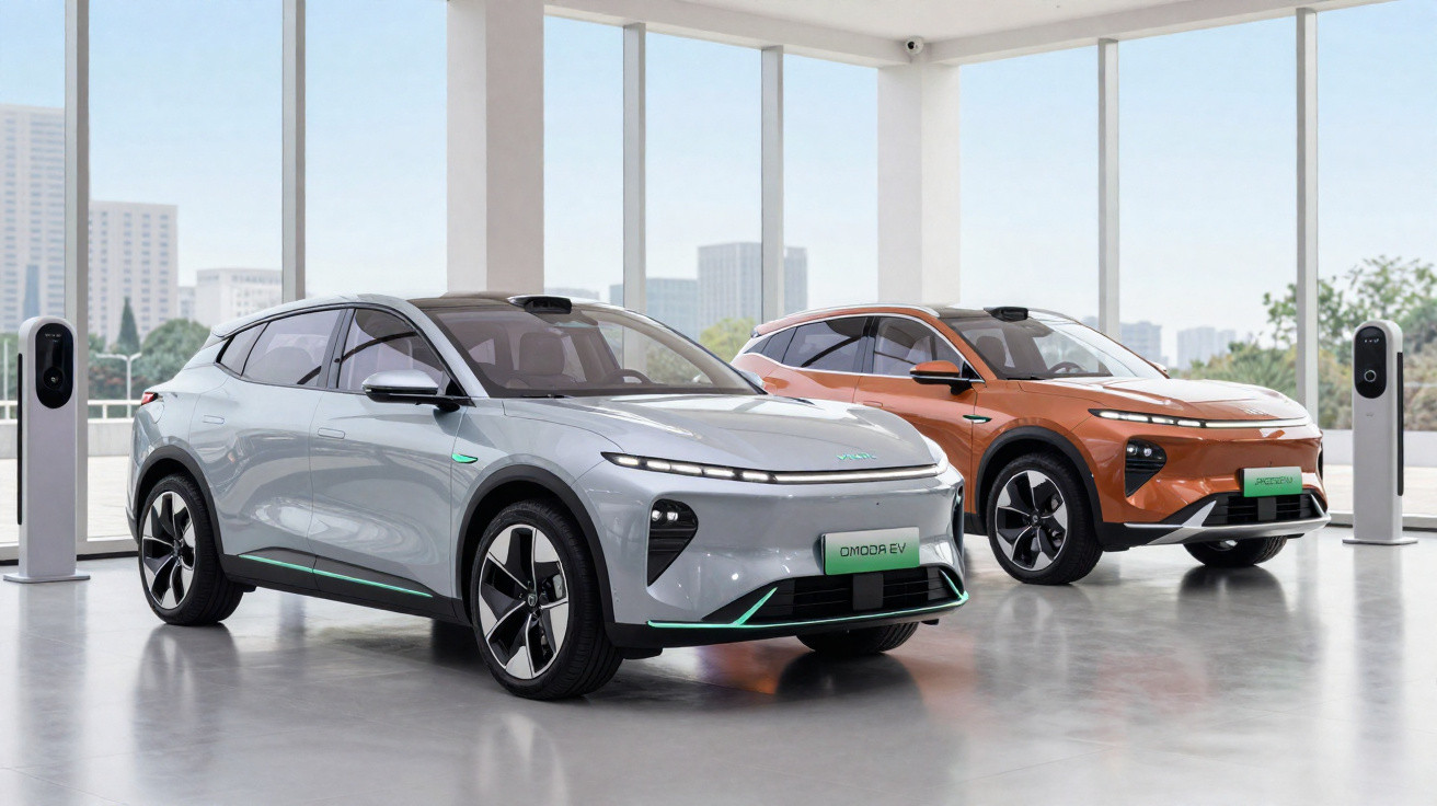 Dois carros elétricos modelos SUV em showroom moderno com grandes janelas e carregadores ao redor.