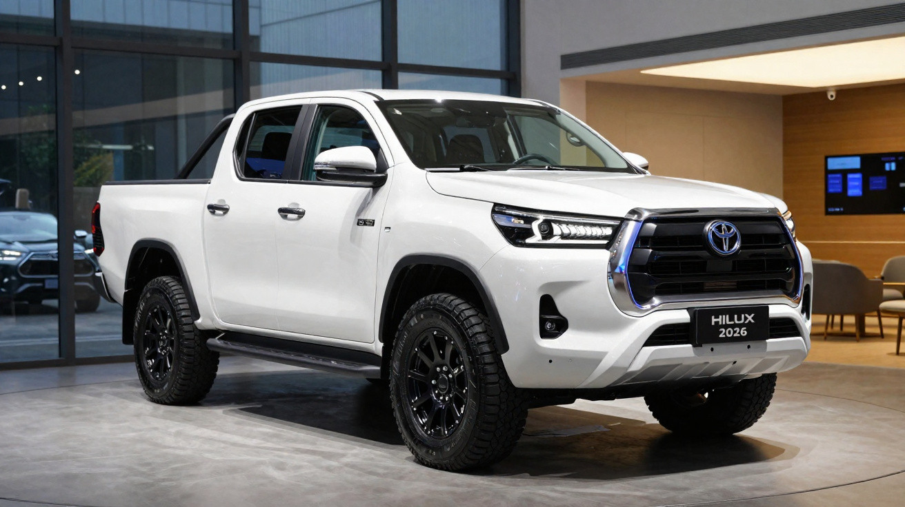 Picape Toyota Hilux 2026 branca exibida em showroom moderno com rodas pretas robustas.