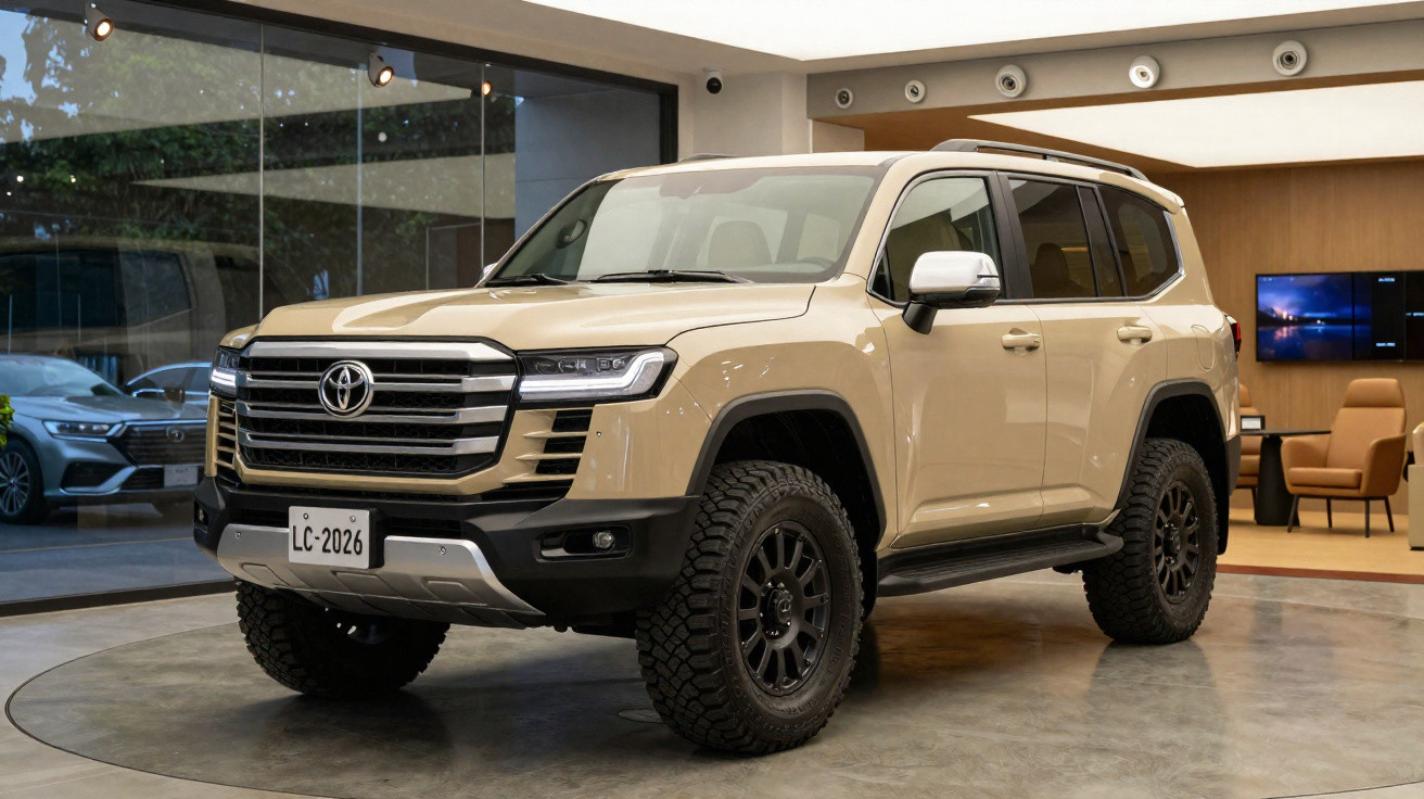 Toyota Land Cruiser 2024 bege exibido em showroom moderno com pneus off-road e detalhes em preto.