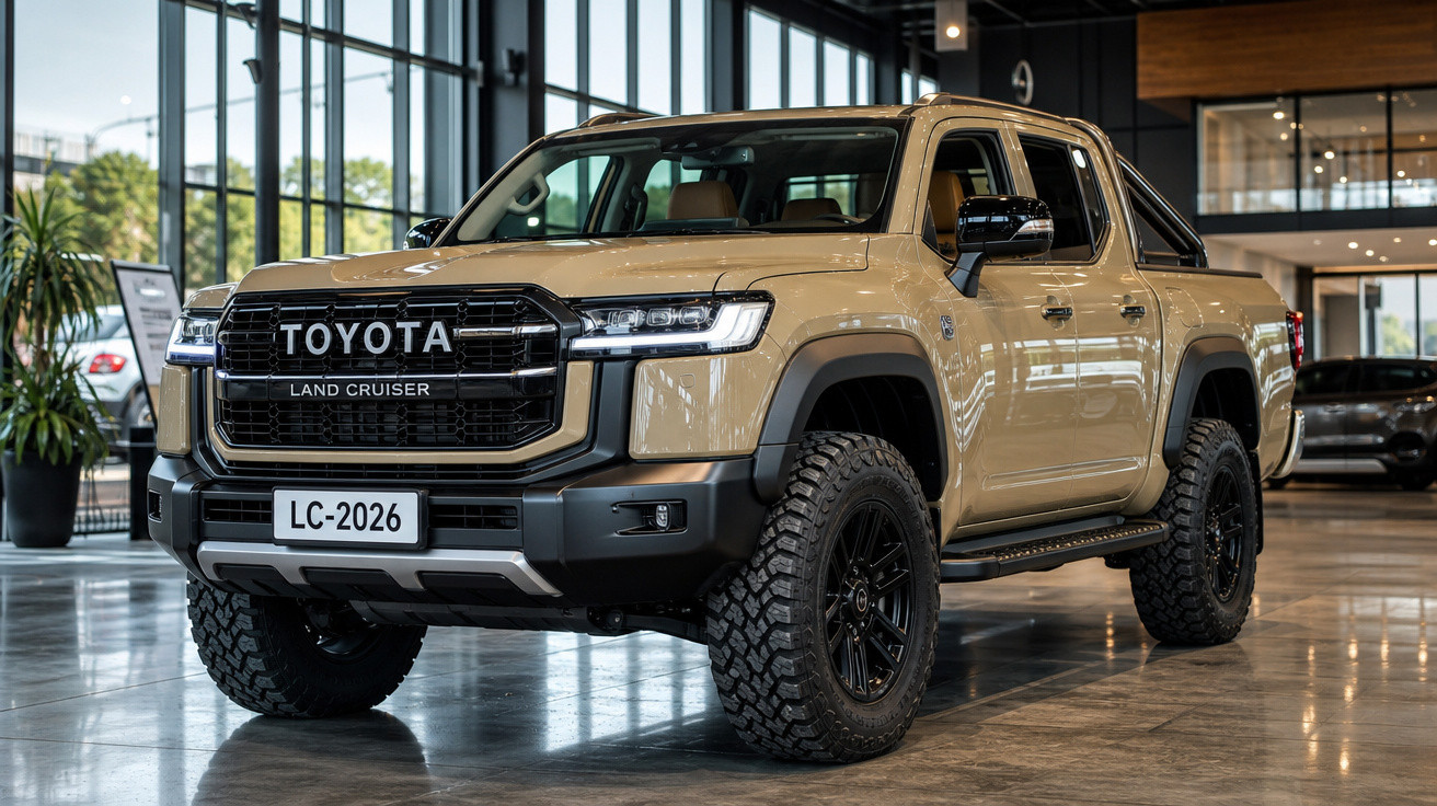 Picape Toyota Land Cruiser LC-2026 bege exibida em showroom moderno com grandes janelas de vidro.