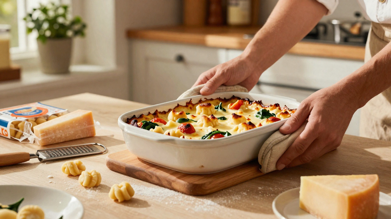 Pessoa segurando uma travessa com lasanha gratinada na cozinha, ao lado de queijo parmesão e nhoque.