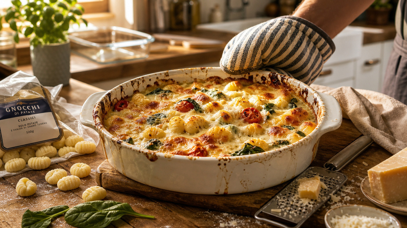 Prato de nhoque gratinado com queijo, tomates cereja e espinafre sendo retirado do forno com luva térmica.