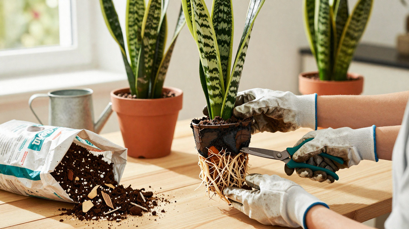 Pessoa transplantando planta sansevieria, cortando raízes com tesoura, luvas e terra em mesa de madeira.