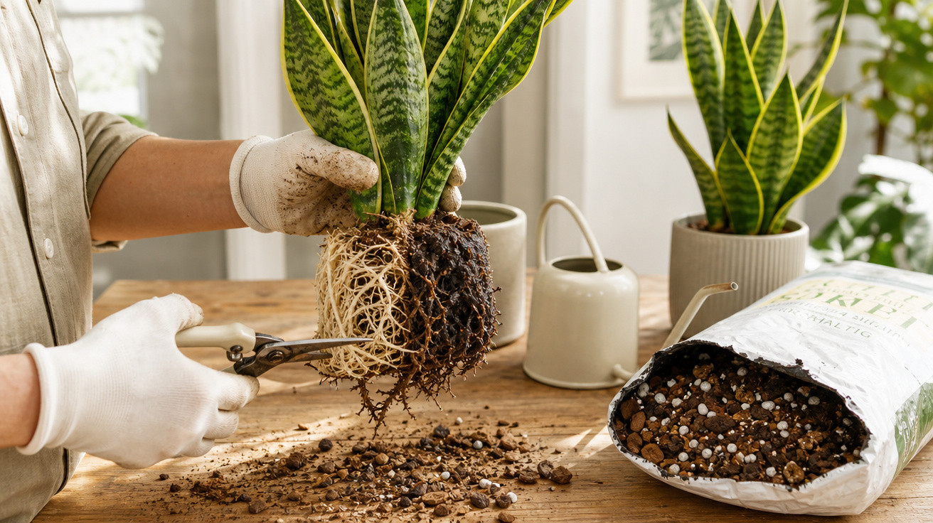 Pessoa com luvas podando raízes de planta suculenta para replantio em ambiente interno.