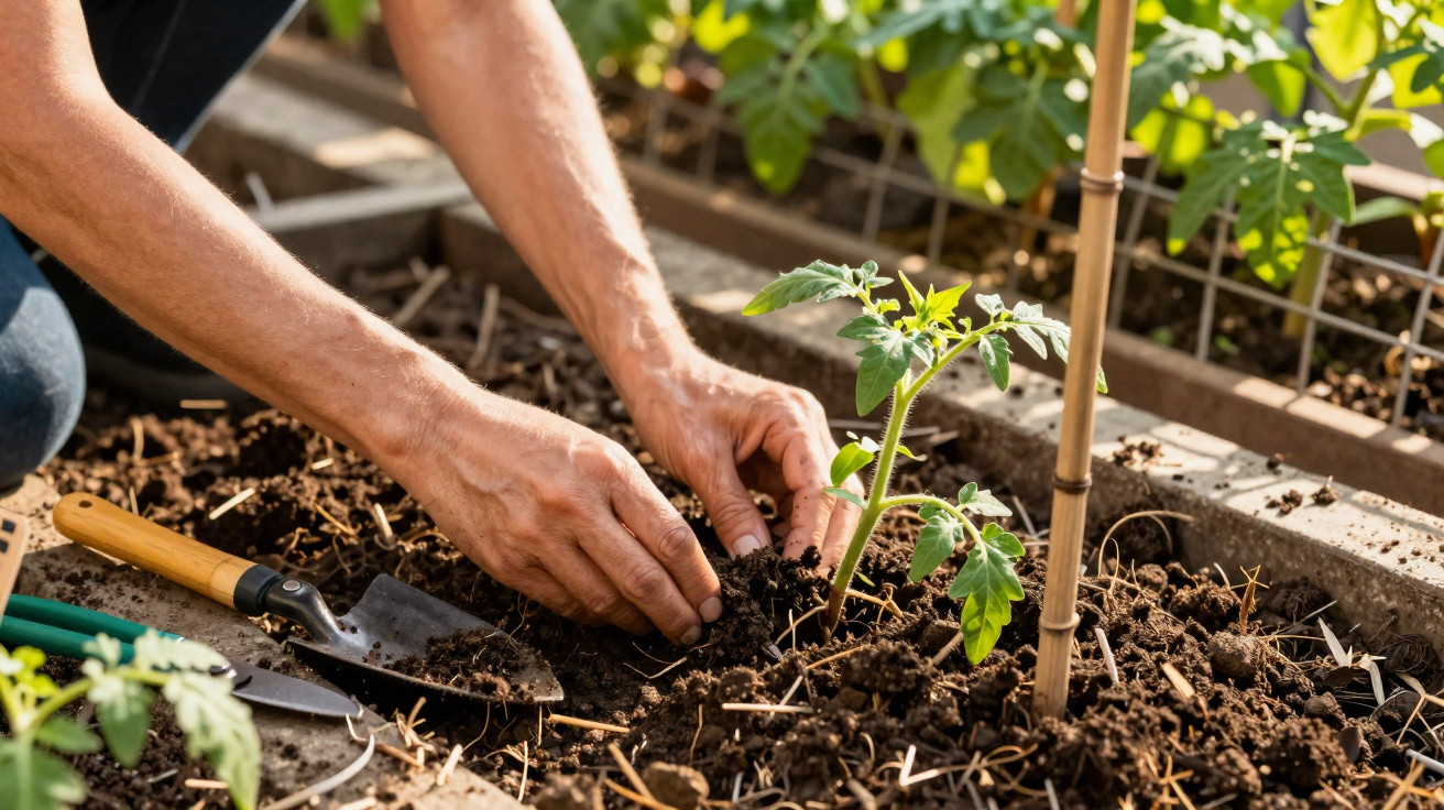 Pessoa plantando muda de tomate em canteiro com solo fértil durante o dia.