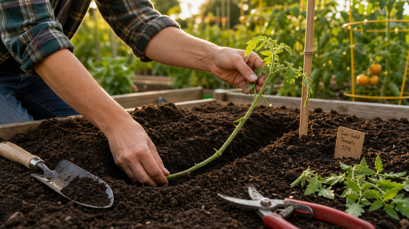 Pessoa plantando muda de tomate em canteiro com utensílios de jardinagem ao redor.