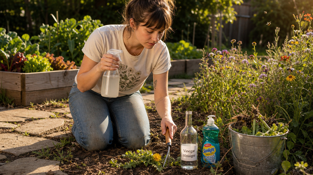 Mulher cuidando do jardim, regando plantas e removendo ervas daninhas com ferramentas manuais.